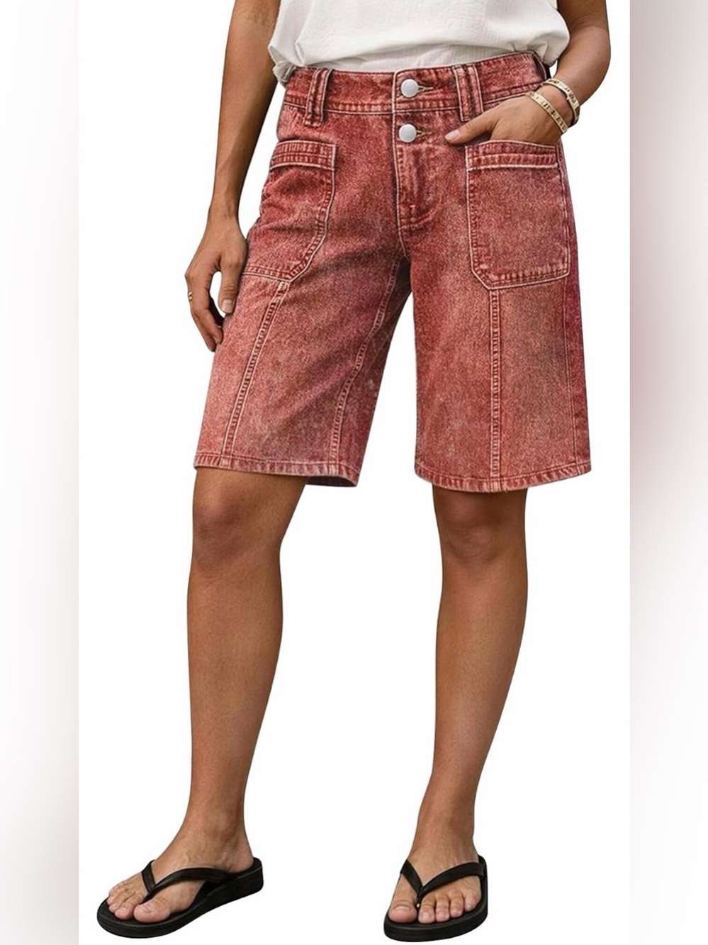 Flamingals Double Button Patch Pockets Mid Waist Bermuda Shorts